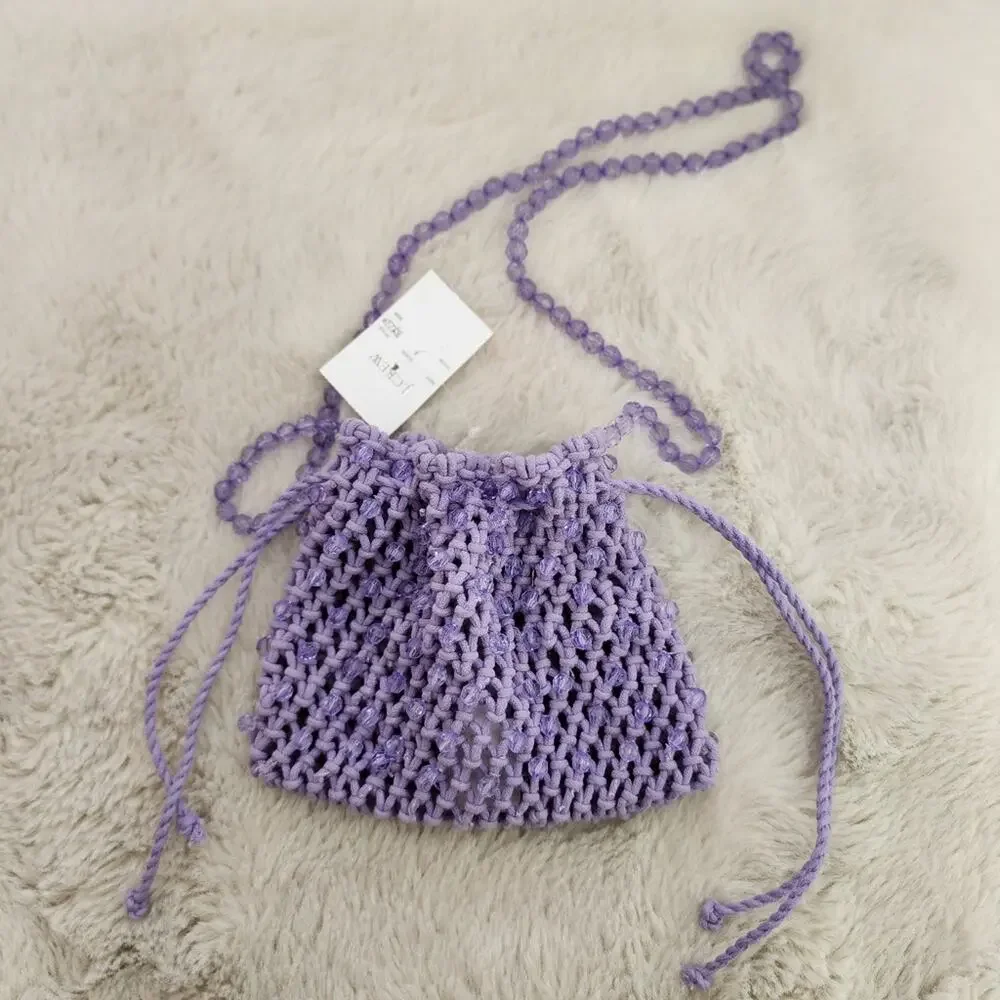 J.Crew Purple Knitted Crochet Pouch Bag Beaded Strap Drawstring - New BY236